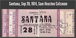 Santana with special guest Golden Earring show ticket September 28, 1974 Houston - Sam Houston Coliseum